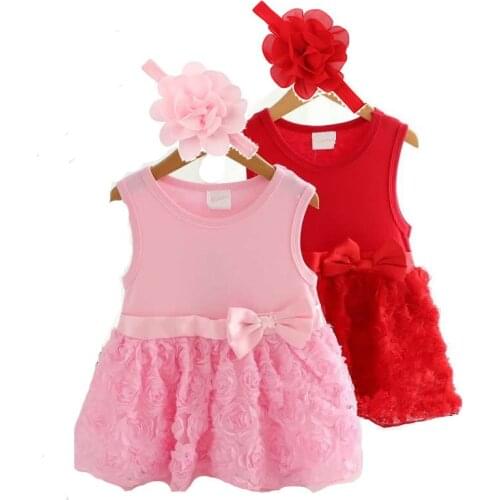 New Fashion 2pcs Girl Kids Baby Newborn Flower Headband Dress Rose Clothing Outfit 0-1 Years Old Baby Girls Dress With Bowknot
