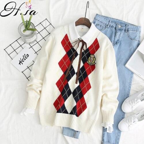 New Argyle Pullover Sweater Female Student Winter New High School Chic Sweater Jumpoers Base Sweater Pull Femme Hiver