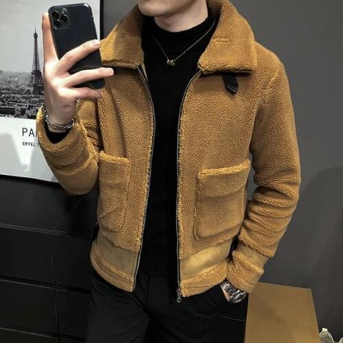 Autumn and winter mens short fur lamb woolen jacket 2021 new mens solid color slim lapel woolen windbreaker coats Brand tops