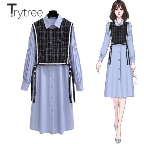 Trytree 2020 Autumn Tow Piece Women Sets Casual Plaid Side Hollow Out Vest + Shirt Dress Lantern Sleeve Office Lady 2 Piece Set