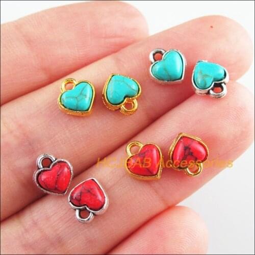 20Pcs Retro Gold Color Tibetan Silver Tone Tiny Heart Blue&Red Stone Charms Pendants 7x8mm