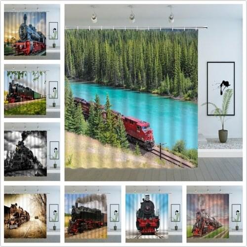 Retro Train Shower Curtain Steam Engine Old Train Railway Scenery Pattern Bathroom Decor Waterproof Cloth Hanging Curtain Set