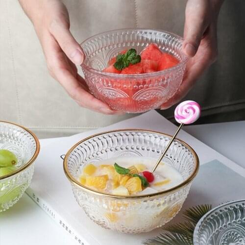 Glass Salad Bowl Embossed Sunflower Phnom Penh Transparent Bowl Fruit Noodle Rice Bowl Decoration Tableware Kitchen Accessories