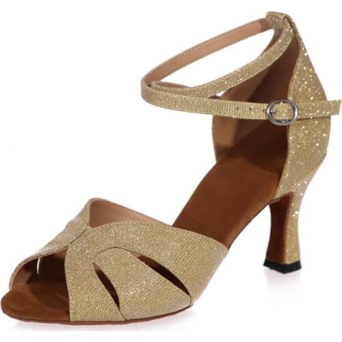 Classic lady latin dance shoes glitter girls ballroom professional Salsa tango party dancing sandals 7.5cm heels gold brown