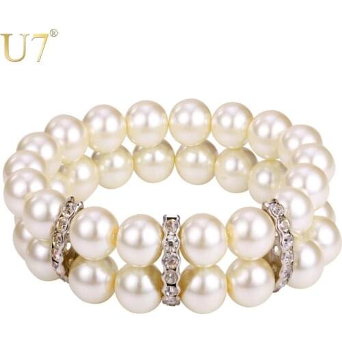U7 Bracelet For Women Trendy Rhinestone Multi Layer Round White Simulated Pearl Jewelry Wholesale H728