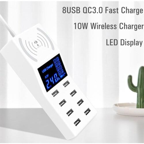 8Ports USB Charger 10W Wireless Charger High Power Adaptor LED Display 8USB Charger Station for Mobile Phone Tablet Smart Device