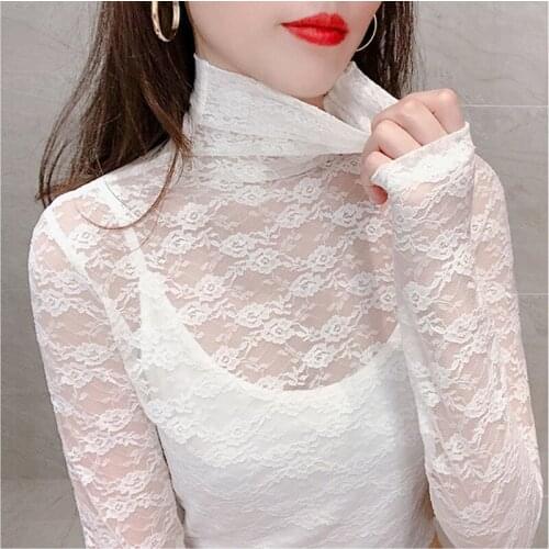 Women Blouse Womens Lace Mesh Autumn Winter Long-Sleeved Heaps Collar Top Autumn Gauze Clothes Blouse Shirts Ropa De Mujer