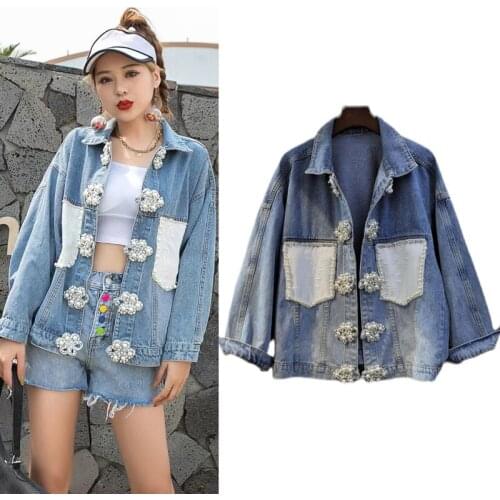 2021 Denim Womens Jacket Coats Pearls Button Loose Clothes Tops Plus Size Female Bomber Basic Jacket Cardigan Jean Outerwear