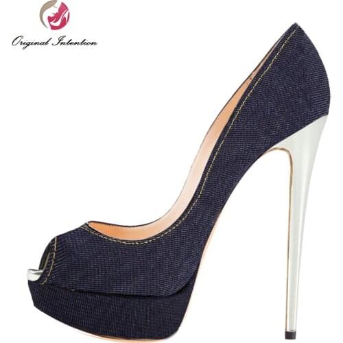 Original Intention High-quality Women Pumps Denim Sexy Peep Toe Thin Heels Dark Blue Pumps Shoes Woman Plus EU Size 34-46