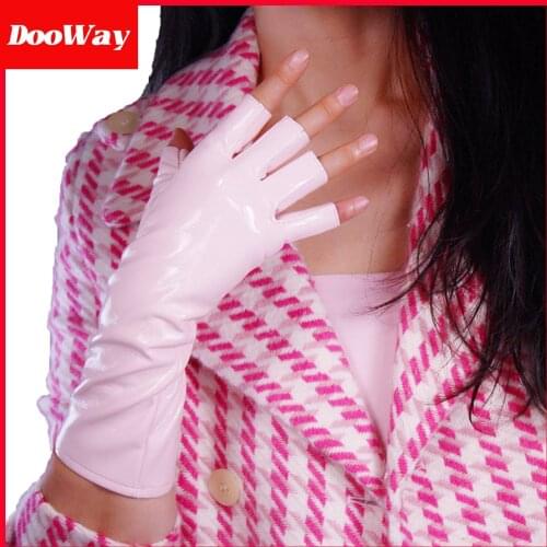 DooWay Women Faux Leather Half Finger Gloves Pink Over Wrist 11-inch PU Fingerless Gloves for Motorcycle Driving Halloween Party
