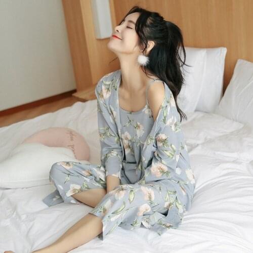 Sanderala 3 Pieces Women Printed Robe Femme Sexy Nightwear Bathrobe Home Clothing Pajamas Sets Nightie Sleepwear Autumn Lingerie