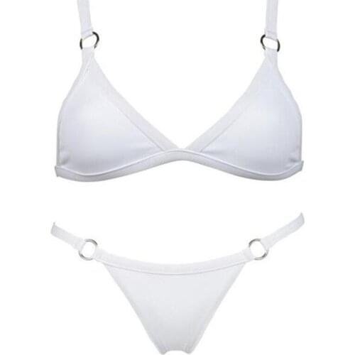 A0KA Summer Ladies Sexy Beach Bikini Solid Color Split Polyester Bikini Swimsuit Female Metal Ring Bikini Suit Swimsuit