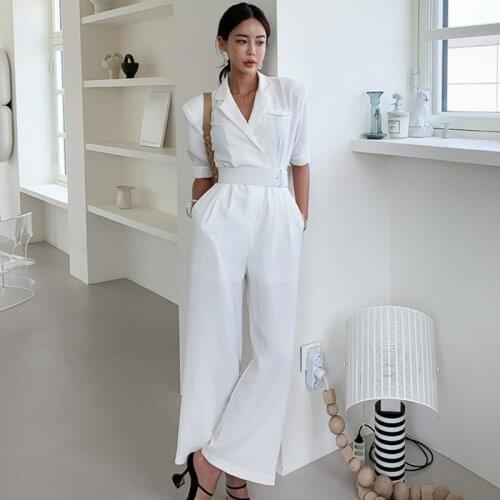 Korean Elegant White Office OL Wide Leg Jumpsuits 2021 Summer Women Notched Collar High Waist Casual Ladies Rompers With Belt