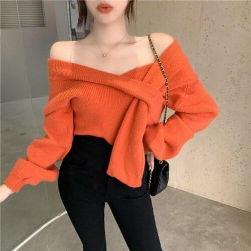 Chic simple solid criss-cross cropped womens sweater elegant fashion casual streetwear all-match solid womens sweater 2021 new
