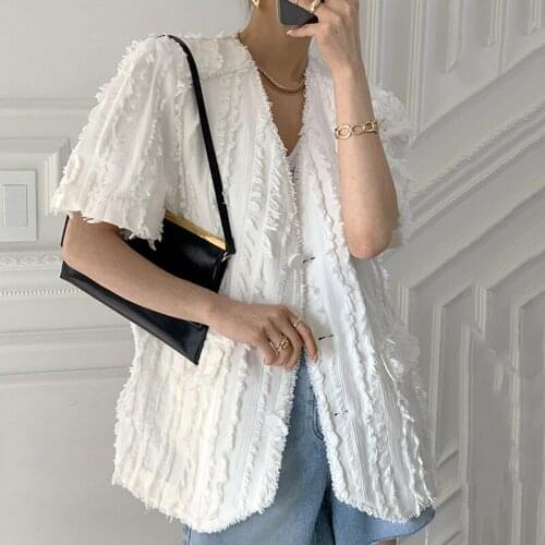 ZCSMLL Korean summer autumn vintage V-neck three buttons loose tassel stitching casual short-sleeved cardigan jacket women