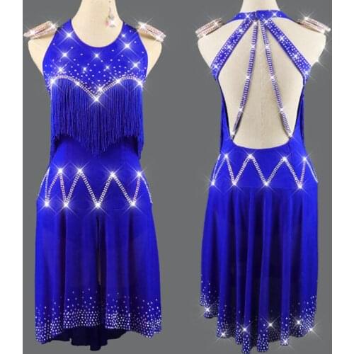Professional Latin Dance Dress For Women/Girls Backless Costume Party Crystal Stone Dance Wear Royal Blue Fringe Dress VDB2391