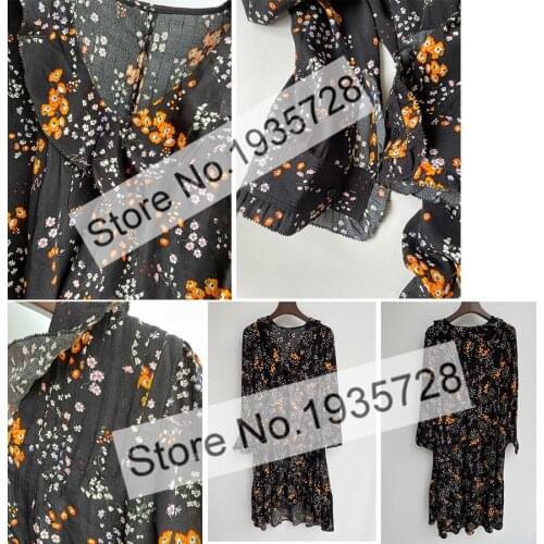 Ladies High Quality Ruffled Neck Floral Printed Pleated Detail Dress With Long Sleeve