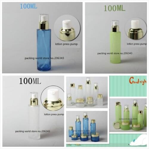 100ml frosted/green/blue glass bottle gold pump clear lid for serum/lotion/emulsion/foundation skin care cosmetic packing