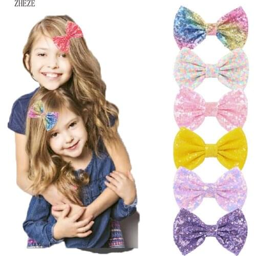1Pair Retial Hot Sales 5" Glitter Big Sequins Bows Barrette Chic DIY Girls Head Accessories Hair Clips For Women Rainbow