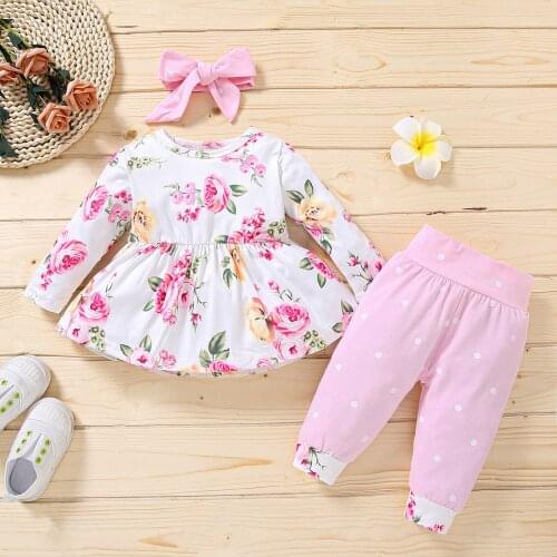 1-4Y Toddler Girls Clothes Set Floral Long Sleeve Pullover + Polka Dot Long Pants + Bowknot Headdress 3Pcs Autumn Outfits