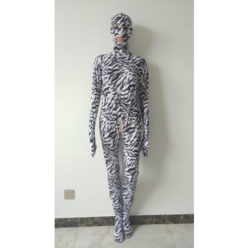 Halloween cosplay costume animal Zebra pattern tights jumpsuit Lycra spandex Bodysuit Zentai Suits Fancy removable hood