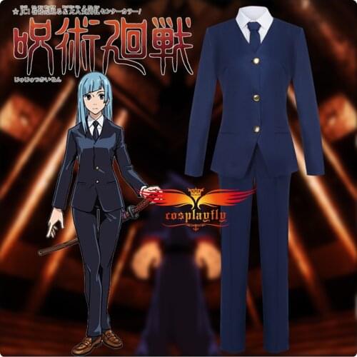 Anime Jujutsu Kaisen Zen'in Mai Cosplay Costume Adult Women Outfits JK Uniform Navy Blue V Neck Top Jacket Pants Tie Halloween