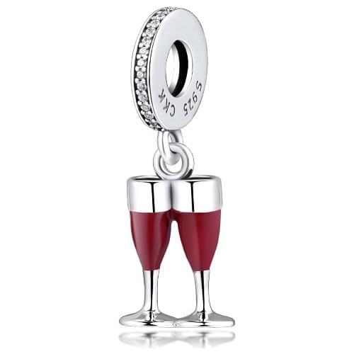 CKK 925 Sterling Silver Twins Goblet Dangle Charm with Clear CZ & Red Enamel DIY Fits Pandora Bracelet Charms for Jewelry Making