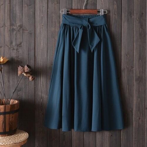 Summer Women Skirts High Waist Girls Elegant Sweet Bow Ladies Solid Casual Midi Skirt