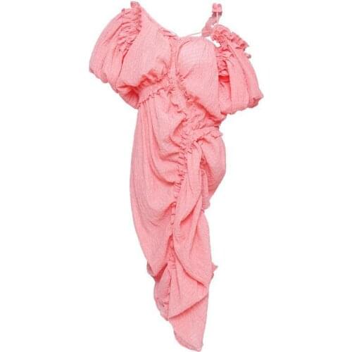 Fashion Dress Pink Irregular Drawstring Dress Lantern Half Sleeve High Waist Drawstring Asymmetric Collar Dress Summer Dress