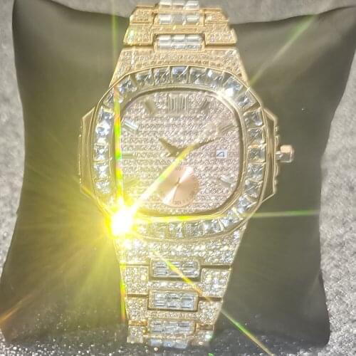 Hip Hop Mens Watches Rose Gold Ice Out Auto Date Quartz Wristwatch Full Stainless Steel AAA Baguette Diamond Clocks Male Jewelry