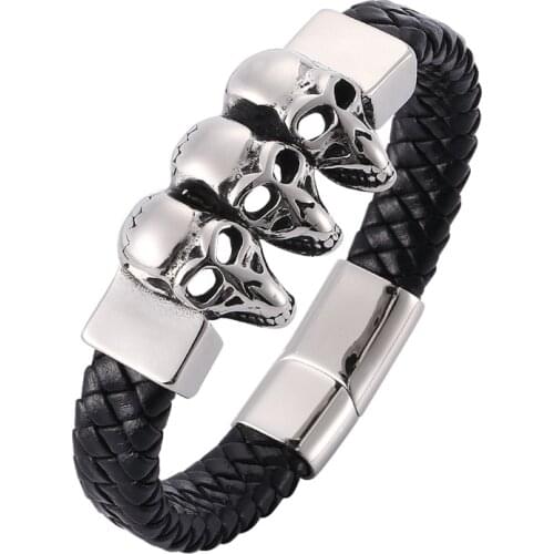 Punk Men Jewelry Skeleton Skull Bracelets Braided Leather Bracelet Stainless Steel Magnetic Buckle Bangles Male Wrist Band PW918