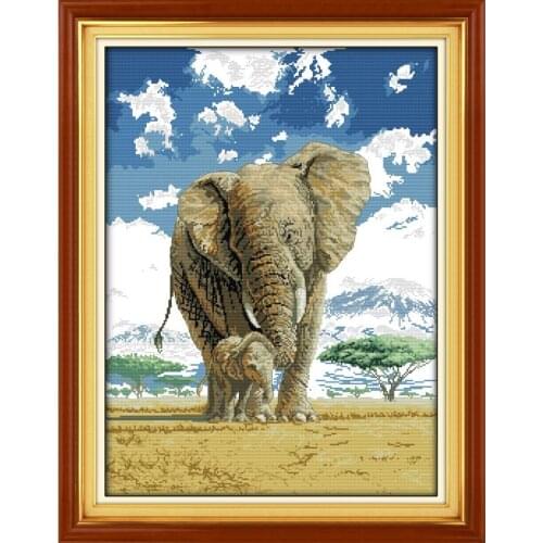 Cross Stitch Kit 14CT White 11CT Printed Embroidery DIY Handmade Needle Work Wall Home Decor Elephants(1)Mom and Sons Deep Love