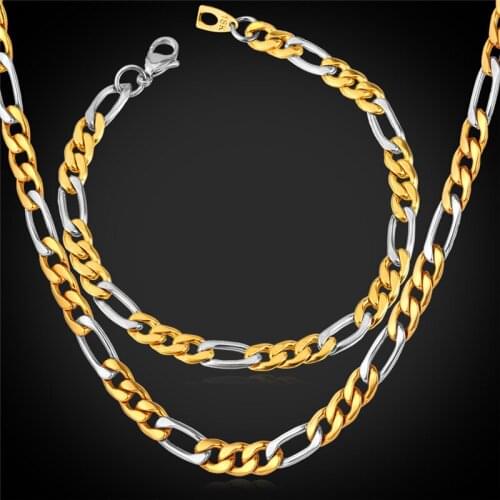 Figaro Chain Bracelet Necklace Set New Hot Fashion Jewelry 8MM Gold Color Stainless Steel Men Jewelry Sets GNH918