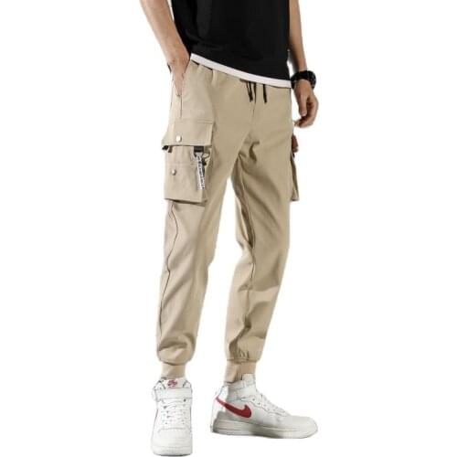 2021 New Cargo Pants Mens Spring Leisure Bunched Pants Korean Hong Kong Style Straight Leg Loose Nine Cent Pants Khaki