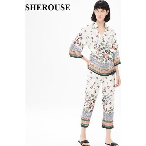 2021 New Two Piece Set Women Printed Long Sleeve Shirt Oversized Blouse Long Trousers Suit Pajamas Women Outfit Pants Sets