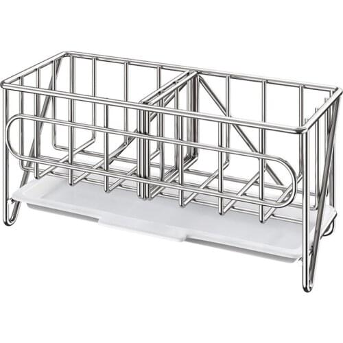 Sink Caddy Organizer Countertop Sponge Brush Soap Holder with Drain Pan Stainless Steel for Kitchen