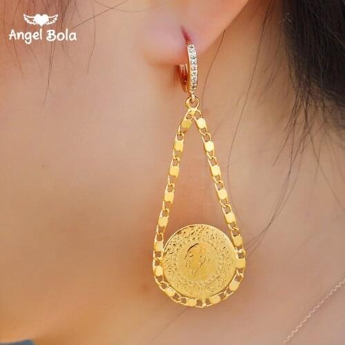 Drop Shipping Islam Muslim Ancient Coins Earrings Gold Color Arab Money Sign Turkish Allah Earring Middle Eastern Jewelry