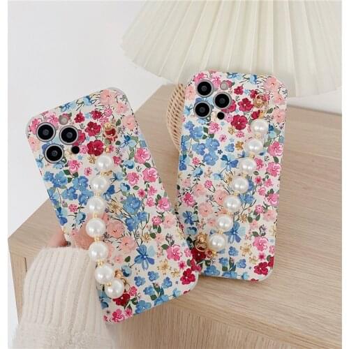 Luxury Pearl Chain Rose Flower Phone Cases for iPhone 11 12 Mini Pro Max XS Max X XR 7 8 Plus Cute Bracelet Soft IMD Back Cover