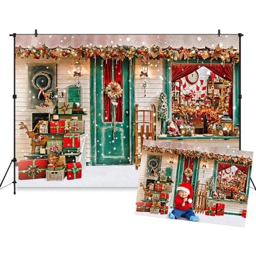 Christmas Background For Photography Wood Door Wreath Snow Scene Family Party Backdrop For Photo Booth Backgrounds