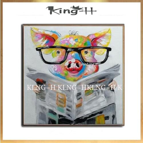 Hand-painted Modern pig Oil Painting on Pig of reading the newspaper Abstract Funny Animal pig home Decoration