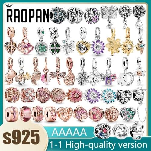 RAOPAN original 925 sterling silver rose gold flower leaf full of diamond love clip charm beads ladies bracelet DIY jewelry