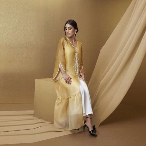 Light Yellow Simple Moroccan Caftan Special Occasion Summer Dress V-Neck Split Evening Dresses With Applique Custom Made