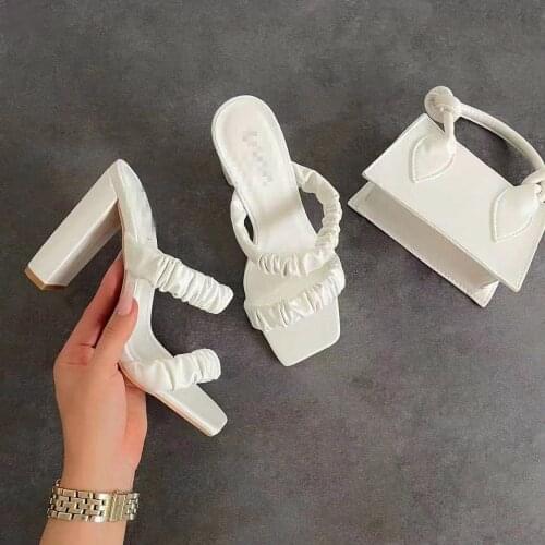 2021 Women Pumps Fashion Weave Slippers Ankle Strap Sandals Female Shoes Woman Thin High Heels Open Toe Lady Ladies Mules Shoes