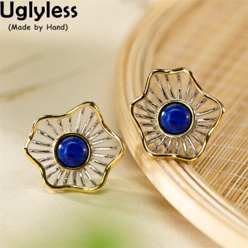 Uglyless Romantic French Flavor Flower Studs Earrings for Women Hollow Lapis Irregular Floral Earrings 925 Silver Brincos Bijoux