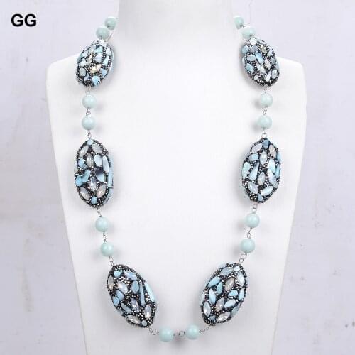 GuaiGuai Jewelry 24" Oval Blue Larimar Crystal Nugget Amazonite Necklace For Women