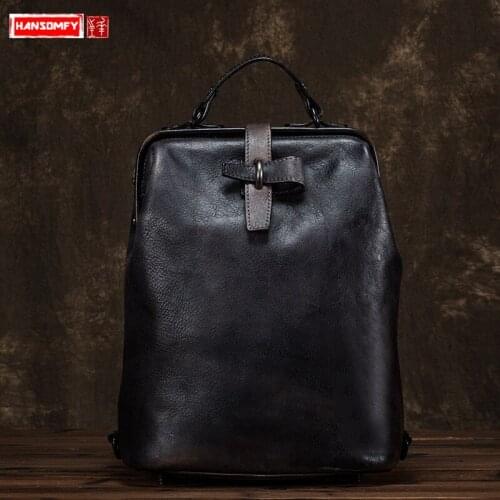 Women Big Bag Female Shoulder Bag Backpack Retro Style Simple Original Personality Solid Color Hand-wiping Color Genuine Leather