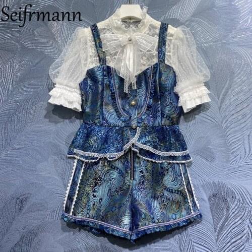 Seifrmann New 2021 Summer Women Fashion Runway Shorts Set Lantern Sleeve Ruffles Short Tops + High Waist Lace Print Shorts Suits