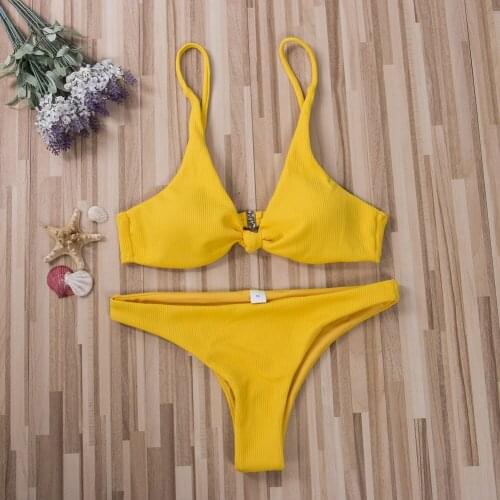 Women Bikini Sets Bow Knot Padded BraTops Thong Bottoms Swimwear Swimsuit Set Solid Color