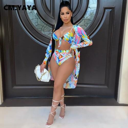 CM.YAYA Women Leaf Print Bikinis Set Beach Sexy Clock Tops with Two Piece Set Matching 3 Piece Active Swimsuit Outfits 3color