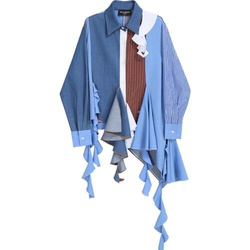Women Irregular Striped Ruffles Shirt Dress Denim Stitching Pleated Blouses Cardigan Turn Down Collar Single-breasted Crop Tops